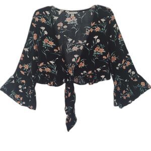 American Eagle Crop Top Small Tie Front Black Floral Long Sleeve